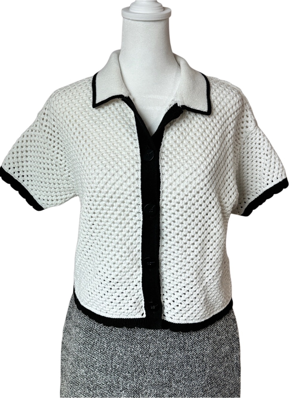 GAP White Open Knit Crochet Polo Cardigan Black Trim Oversized XS